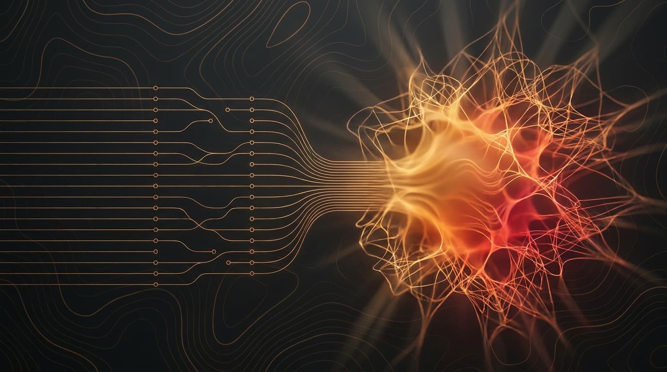Des lignes de processus structurées convergent vers un cœur lumineux ambre et rouge, évoquant l'intelligence qui émerge de processus documentés.