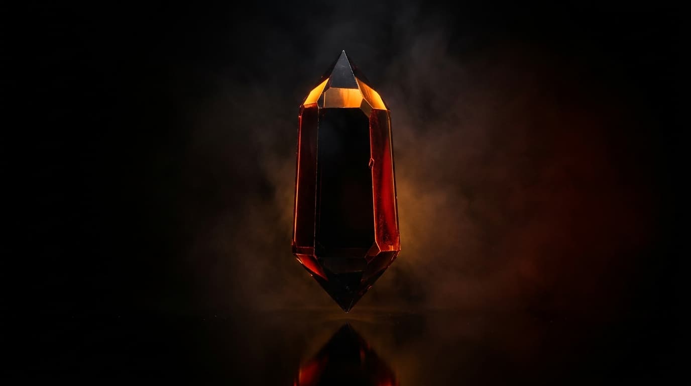 Cristal sombre facetté suspendu dans une brume, rim-lit en ambre et rouge profond